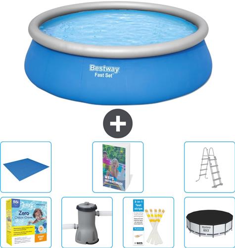 Bestway Rond Opblaasbaar Fast Set Zwembad - 457 x 122 cm - Blauw - Inclusief Pomp - Ladder - Afdekzeil - Grondzeil - Onderhoudspakket - 8-delig