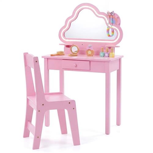 COSTWAY Kinderschminktafel met Verlichting in Wolkvorm (Roze) | Kinderschminktafel, Kaptafel met Stoel, Spiegel, La, Planken & Haken, Make-uptafel voor Meisjes vanaf 3 jaar