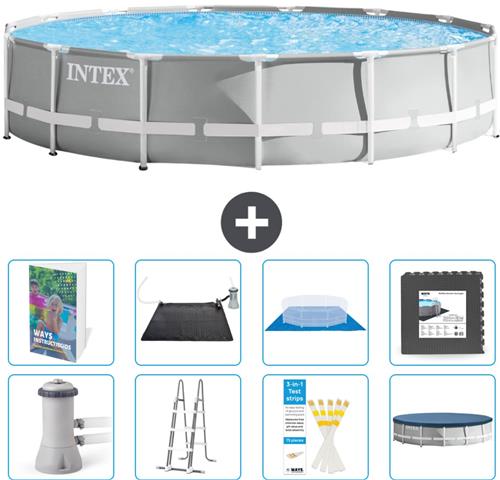 Intex Rond Prism Frame Zwembad - 457 x 107 cm - Grijs - Inclusief Pomp - Ladder - Grondzeil - Afdekzeil - Solar Mat - Vloertegels - 9-delig