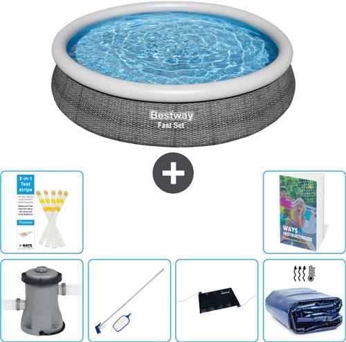 Bestway Rond Opblaasbaar Fast Set Zwembad - Rotanprint - 366 x 76 cm - Inclusief Pomp - Schoonmaakset - Solar Mat - Solarzeil - 7-delig