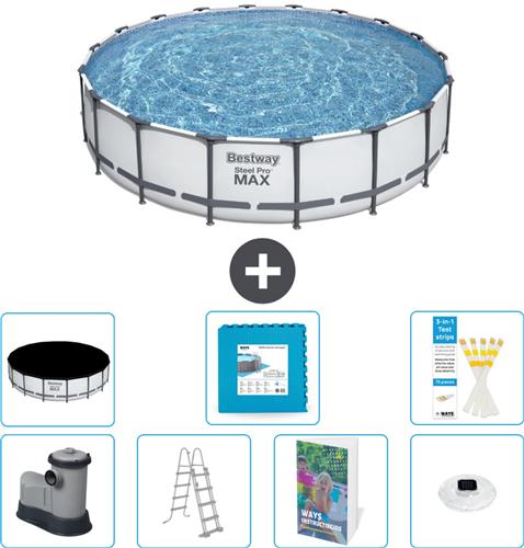 Bestway Rond Steel Pro MAX Zwembad - 549 x 122 cm - Grijs - Inclusief Pomp - Ladder - Afdekzeil - Vloertegels - Verlichting - 8-delig