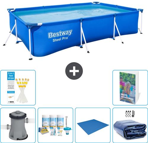 Bestway Rechthoekig Steel Pro Zwembad - 300 x 201 x 66 cm - Blauw - Inclusief Pomp - Onderhoudspakket - Grondzeil - Solarzeil - 7-delig