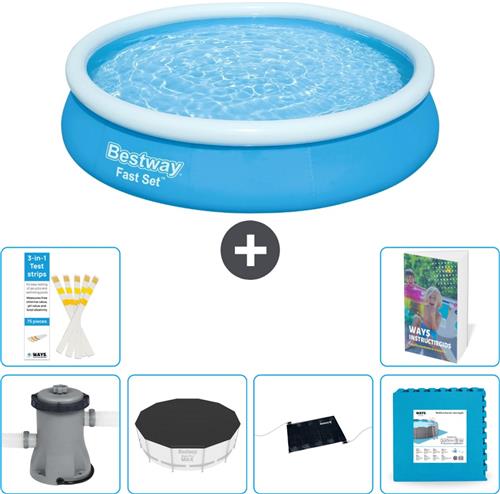 Bestway Rond Opblaasbaar Fast Set Zwembad - 366 x 76 cm - Blauw - Inclusief Pomp - Afdekzeil - Solar Mat - Vloertegels - 7-delig