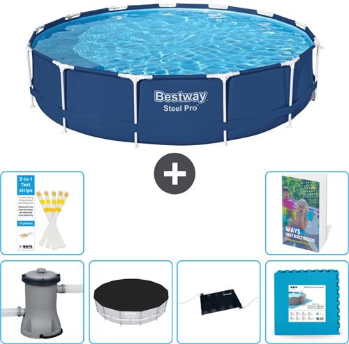 Bestway Rond Steel Pro Zwembad - 396 x 84 cm - Blauw - Inclusief Pomp - Afdekzeil - Solar Mat - Vloertegels - 7-delig