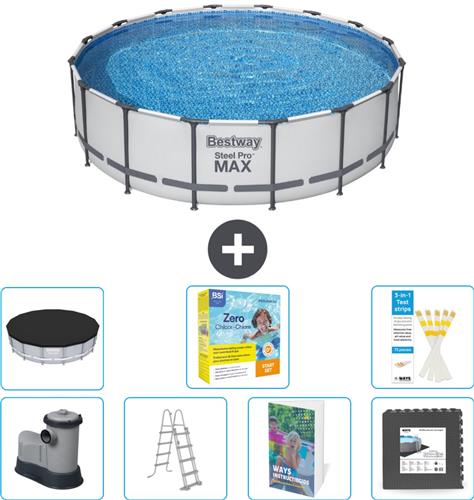 Bestway Rond Steel Pro MAX Zwembad - 488 x 122 cm - Grijs - Inclusief Pomp - Ladder - Afdekzeil - Onderhoudspakket - Vloertegels - 8-delig