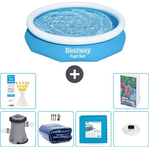 Bestway Rond Opblaasbaar Fast Set Zwembad - 305 x 66 cm - Blauw - Inclusief Pomp - Solarzeil - Vloertegels - Verlichting - 7-delig