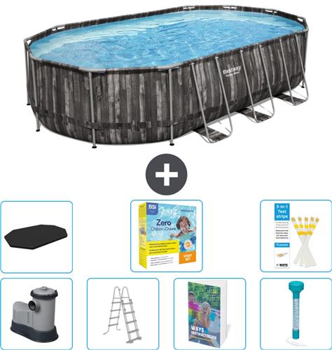 Bestway Ovaal Power Steel Zwembad - 610 x 366 x 122 - Grijs - Inclusief Pomp - Ladder - Afdekzeil - Onderhoudspakket - Thermometer - 8-delig
