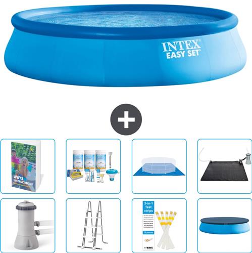 Intex Rond Opblaasbaar Easy Set Zwembad - 457 x 107 cm - Blauw - Inclusief Pomp - Ladder - Grondzeil - Afdekzeil - Onderhoudspakket - Solar Mat - 9-delig