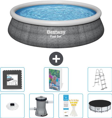 Bestway Rond Opblaasbaar Fast Set Zwembad - Rotanprint - 457 x 107 cm - Inclusief Pomp - Ladder - Afdekzeil - Vloertegels - Verlichting - 8-delig