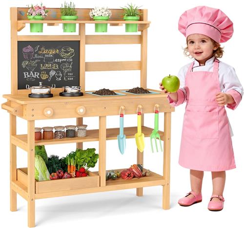 COSTWAY Modderkeuken Kinderen Outdoor, Kinderkeuken met Schoolbord, Kraan, Spoelbak, Bloempotten & Tuinaccessoires, Tuin Speelkeuken Hout, Buitenkeuken voor Kinderen vanaf 3 jaar