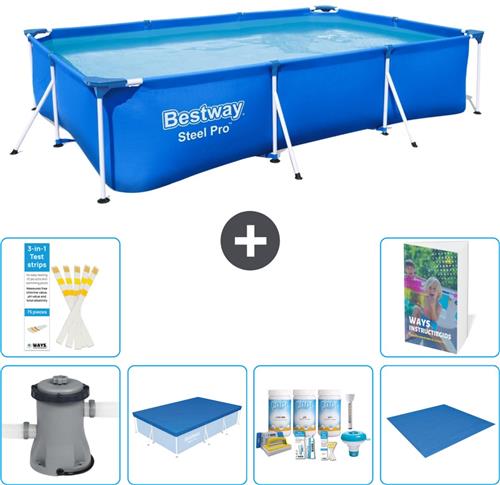 Bestway Rechthoekig Steel Pro Zwembad - 300 x 201 x 66 cm - Blauw - Inclusief Pomp - Afdekzeil - Onderhoudspakket - Grondzeil - 7-delig