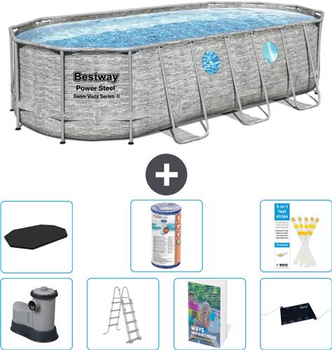 Bestway Ovaal Power Steel Swim Vista Zwembad - Steenprint - 549 x 274 x 122 - Inclusief Pomp - Ladder - Afdekzeil - Filter - Solar Mat - 8-delig