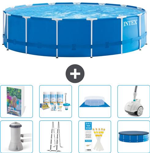Intex Rond Frame Zwembad - 457 x 122 cm - Blauw - Inclusief Pomp - Ladder - Grondzeil - Afdekzeil - Onderhoudspakket - Stofzuiger - 9-delig