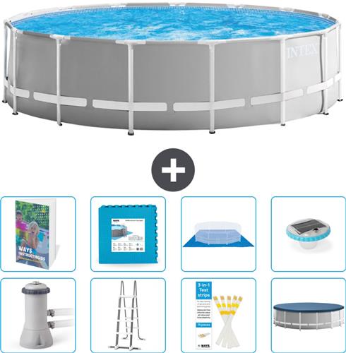 Intex Rond Prism Frame Zwembad - 457 x 122 cm - Grijs - Inclusief Pomp - Ladder - Grondzeil - Afdekzeil - Vloertegels - Verlichting - 9-delig