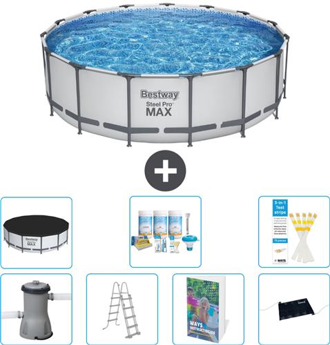 Bestway Rond Steel Pro MAX Zwembad - 457 x 122 cm - Grijs - Inclusief Pomp - Ladder - Afdekzeil - Onderhoudspakket - Solar Mat - 8-delig