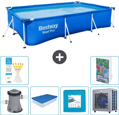 Bestway Rechthoekig Steel Pro Zwembad - 300 x 201 x 66 cm - Blauw - Inclusief Pomp - Afdekzeil - Vloertegels - Warmtepomp - 7-delig