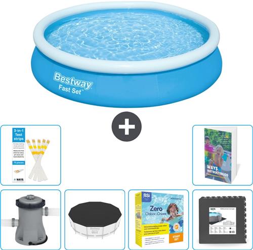 Bestway Rond Opblaasbaar Fast Set Zwembad - 366 x 76 cm - Blauw - Inclusief Pomp - Afdekzeil - Onderhoudspakket - Vloertegels - 7-delig