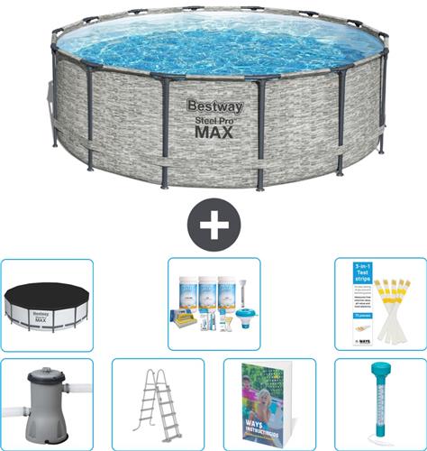 Bestway Rond Steel Pro MAX Zwembad - Steenprint - 427 x 122 cm - Inclusief Pomp - Ladder - Afdekzeil - Onderhoudspakket - Thermometer - 8-delig