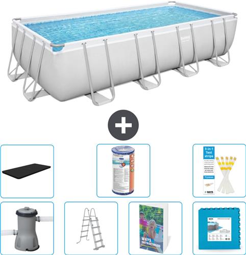 Bestway Rechthoekig Power Steel Zwembad - 488 x 244 x 122 - Grijs Inclusief Pomp - Ladder - Afdekzeil - Filter - Vloertegels - 8-delig