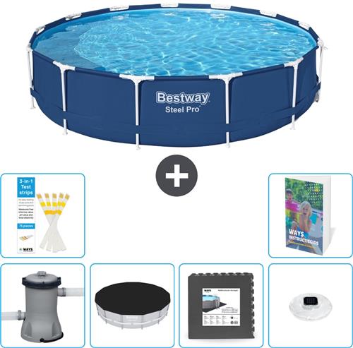 Bestway Rond Steel Pro Zwembad - 396 x 84 cm - Blauw - Inclusief Pomp - Afdekzeil - Vloertegels - Verlichting - 7-delig
