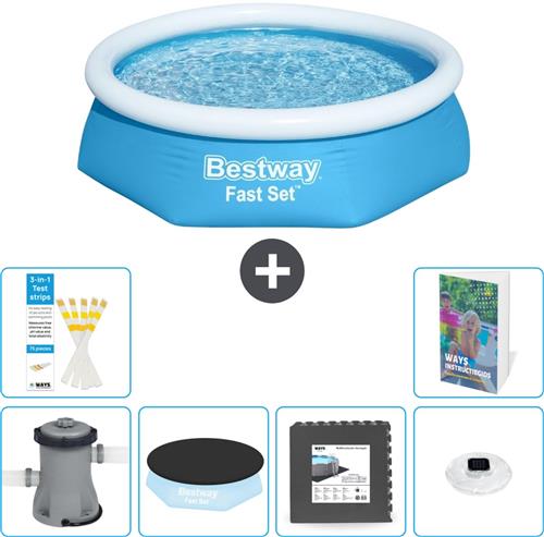 Bestway Rond Opblaasbaar Fast Set Zwembad - 244 x 61 cm - Blauw - Inclusief Pomp - Afdekzeil - Vloertegels - Verlichting - 7-delig