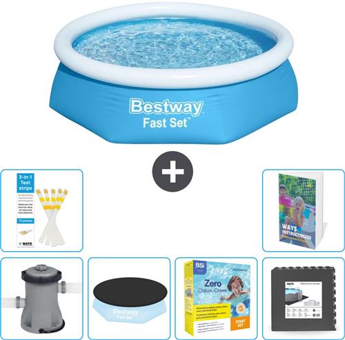 Bestway Rond Opblaasbaar Fast Set Zwembad - 244 x 61 cm - Blauw - Inclusief Pomp - Afdekzeil - Onderhoudspakket - Vloertegels - 7-delig