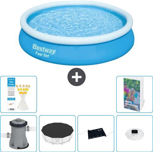 Bestway Rond Opblaasbaar Fast Set Zwembad - 366 x 76 cm - Blauw - Inclusief Pomp - Afdekzeil - Solar Mat - Verlichting - 7-delig