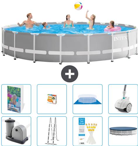 Intex Rond Prism Frame Zwembad - 610 x 132 cm - Grijs - Inclusief Pomp - Ladder - Grondzeil - Afdekzeil - Speelgoed - Stofzuiger - 9-delig