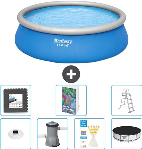 Bestway Rond Opblaasbaar Fast Set Zwembad - 457 x 122 cm - Blauw - Inclusief Pomp - Ladder - Afdekzeil - Vloertegels - Verlichting - 8-delig