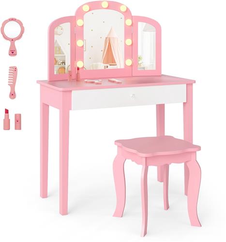 COSTWAY 2-in-1 kindermake-uptafel met verlichting, kaptafel met lade, inklapbare en 3-kleurige spiegel, prinsessen-make-uptafel met kruk, make-upcommode voor meisjes vanaf 3 jaar (roze)