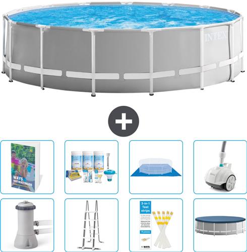 Intex Rond Prism Frame Zwembad - 457 x 122 cm - Grijs - Inclusief Pomp - Ladder - Grondzeil - Afdekzeil - Onderhoudspakket - Stofzuiger - 9-delig