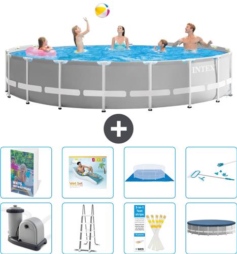 Intex Rond Prism Frame Zwembad - 548 x 122 cm - Grijs - Inclusief Pomp - Ladder - Grondzeil - Afdekzeil - Loungebed - Schoonmaakset - 9-delig
