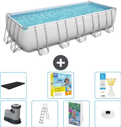 Bestway Rechthoekig Power Steel Zwembad - 640 x 274 x 132 - Grijs - Inclusief Pomp - Ladder - Afdekzeil - Onderhoudspakket - Verlichting - 8-delig