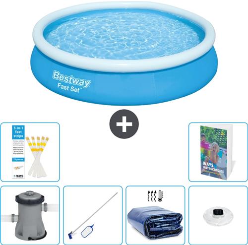 Bestway Rond Opblaasbaar Fast Set Zwembad - 366 x 76 cm - Blauw - Inclusief Pomp - Schoonmaakset - Solarzeil - Verlichting - 7-delig