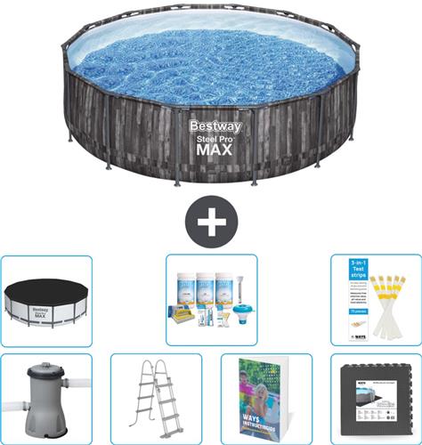 Bestway Rond Steel Pro MAX Zwembad - Houtprint - 427 x 107 cm - Inclusief Pomp - Ladder - Afdekzeil - Onderhoudspakket - Vloertegels - 8-delig