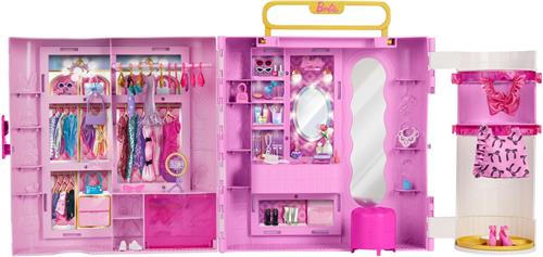 Barbie kledingkast met Spin & Style functie - Kaptafel, Poef, 4 Outfits, meer dan 20 Onderdelen en Draagbare Opbergruimte