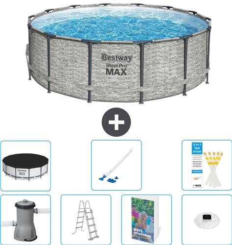 Bestway Rond Steel Pro MAX Zwembad - Steenprint - 427 x 122 cm - Inclusief Pomp - Ladder - Afdekzeil - Stofzuiger - Verlichting - 8-delig