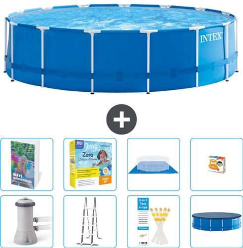 Intex Rond Frame Zwembad - 457 x 122 cm - Blauw - Inclusief Pomp - Ladder - Grondzeil - Afdekzeil - Onderhoudspakket - Speelgoed - 9-delig