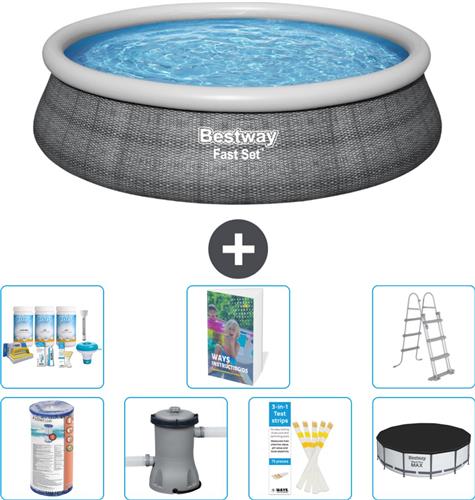 Bestway Rond Opblaasbaar Fast Set Zwembad - Rotanprint - 457 x 107 cm - Inclusief Pomp - Ladder - Afdekzeil - Onderhoudspakket - Filter - 8-delig