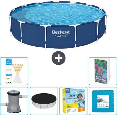 Bestway Rond Steel Pro Zwembad - 396 x 84 cm - Blauw - Inclusief Pomp - Afdekzeil - Onderhoudspakket - Vloertegels - 7-delig