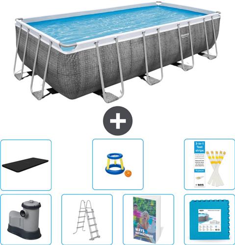 Bestway Rechthoekig Power Steel Zwembad - Rattanprint - 549 x 274 x 122 - Inclusief Pomp - Ladder - Afdekzeil - Speelgoed - Vloertegels - 8-delig