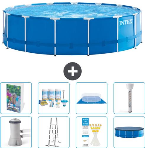 Intex Rond Frame Zwembad - 457 x 122 cm - Blauw - Inclusief Pomp - Ladder - Grondzeil - Afdekzeil - Onderhoudspakket - Thermometer - 9-delig