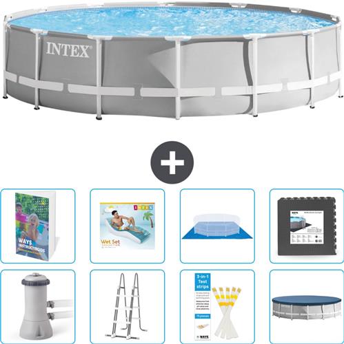 Intex Rond Prism Frame Zwembad - 427 x 107 cm - Grijs - Inclusief Pomp - Ladder - Grondzeil - Afdekzeil - Loungebed - Vloertegels - 9-delig