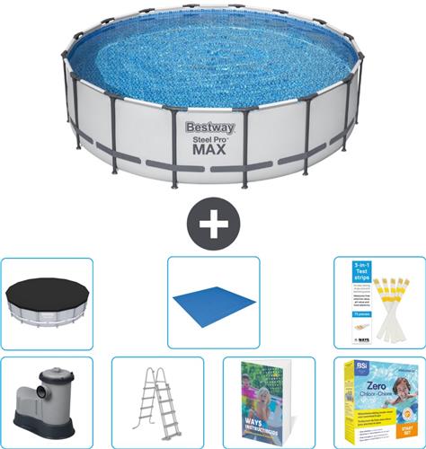 Bestway Rond Steel Pro MAX Zwembad - 488 x 122 cm - Grijs - Inclusief Pomp - Ladder - Afdekzeil - Grondzeil - Onderhoudspakket - 8-delig