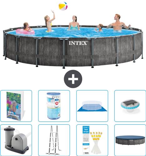 Intex Rond Prism Frame Greywood Zwembad - 549 x 122 cm - Inclusief Pomp - Ladder - Grondzeil - Afdekzeil - Filter - Verlichting - 9-delig