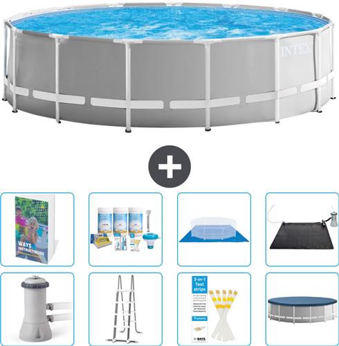 Intex Rond Prism Frame Zwembad - 457 x 122 cm - Grijs - Inclusief Pomp - Ladder - Grondzeil - Afdekzeil - Onderhoudspakket - Solar Mat - 9-delig