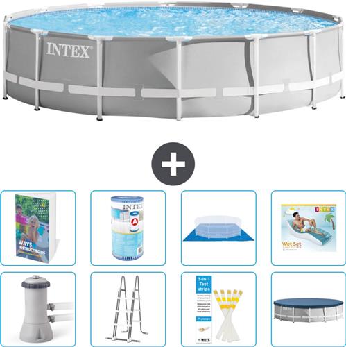 Intex Rond Prism Frame Zwembad - 427 x 107 cm - Grijs - Inclusief Pomp - Ladder - Grondzeil - Afdekzeil - Filter - Loungebed - 9-delig