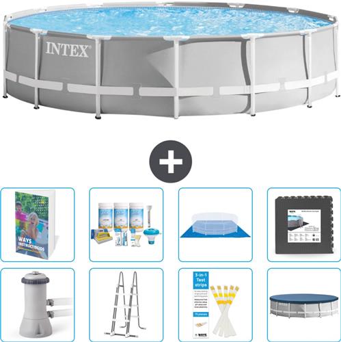 Intex Rond Prism Frame Zwembad - 427 x 107 cm - Grijs - Inclusief Pomp - Ladder - Grondzeil - Afdekzeil - Onderhoudspakket - Vloertegels - 9-delig