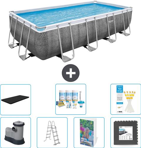 Bestway Rechthoekig Power Steel Zwembad - Rattanprint - 549 x 274 x 122 - Inclusief Pomp - Ladder - Afdekzeil - Onderhoudspakket - Vloertegels - 8-delig