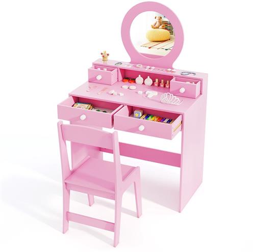 COSTWAY 2-in-1 Kinderschminktafel Set, Kinderschminktafel met Spiegel, Open Plank & 4 Laden, Prinsessenkaptafel met Kruk, Make-uptafel voor Meisjes vanaf 3 Jaar (Met 4 Laden, Roze)